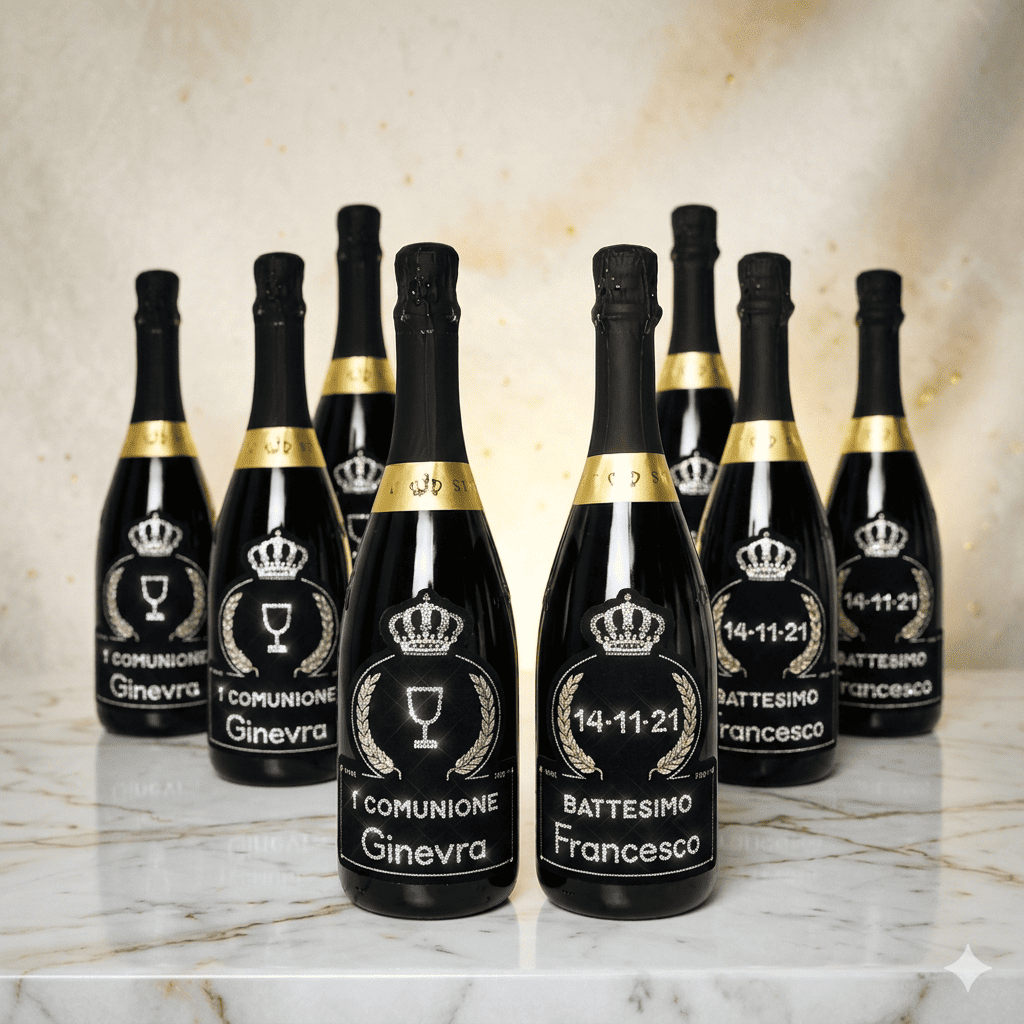 Bottiglie di spumante con Cristalli Personalizzate per battesimo e comunione 